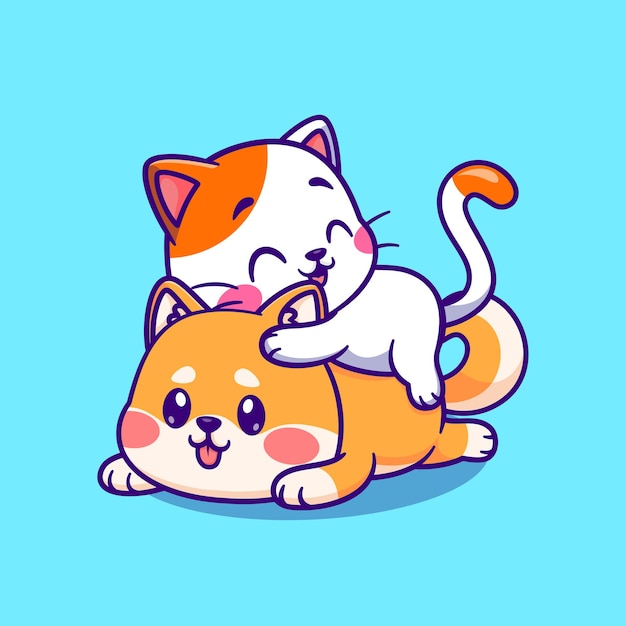 Lindo gato jugando con el perro shiba inu juntos dibujos animados vector icono ilustración. icono de naturaleza animal