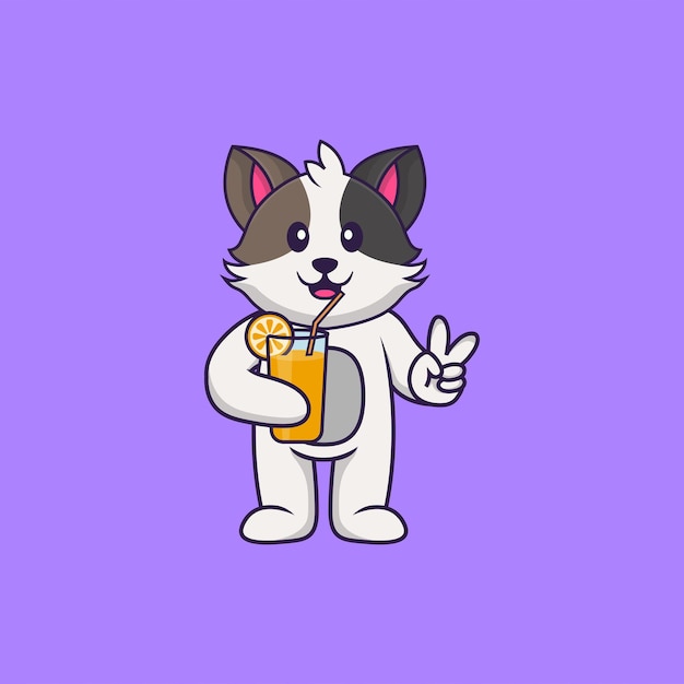 Lindo gato con jugo de naranja en vidrio concepto de dibujos animados de animales aislado