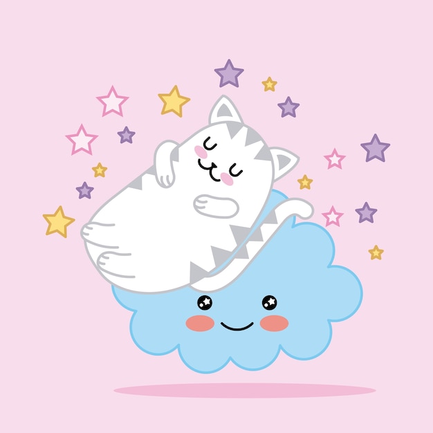 Vector lindo gato kawaii durmiendo en clouud con dibujos animados de estrellas