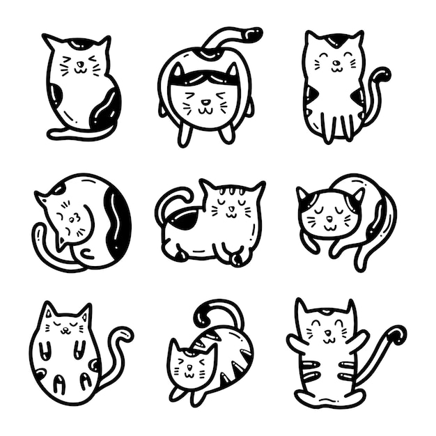 Lindo gato kawaii garabato en diferentes poses