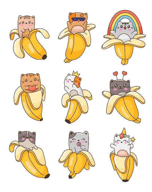 El lindo gato kawaii en plátano el gatito gracioso con cara sonriente el estilo dibujado a mano el dibujo vectorial