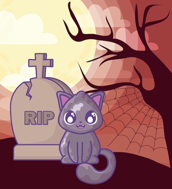 Lindo gato con lápida de cementerio en la escena de halloween