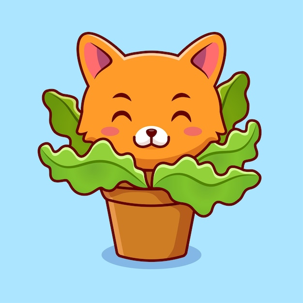 lindo gato y maceta planta dibujos animados vector icono ilustración