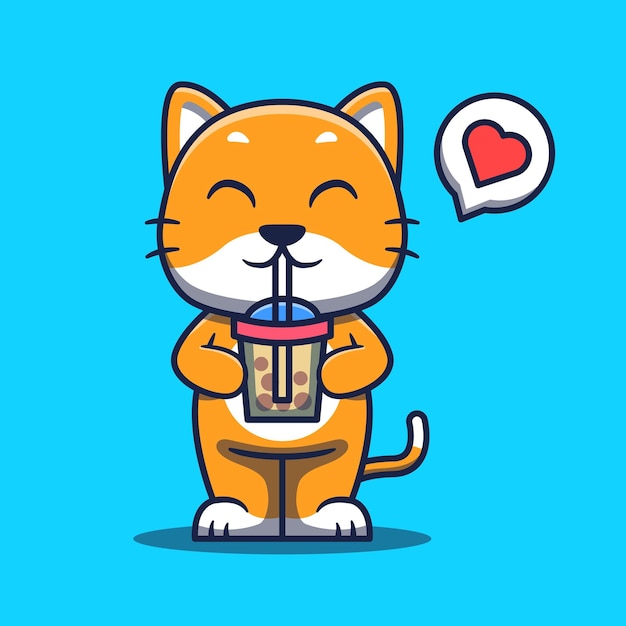 Lindo gato mascota bebiendo Boba ilustración de dibujos animados