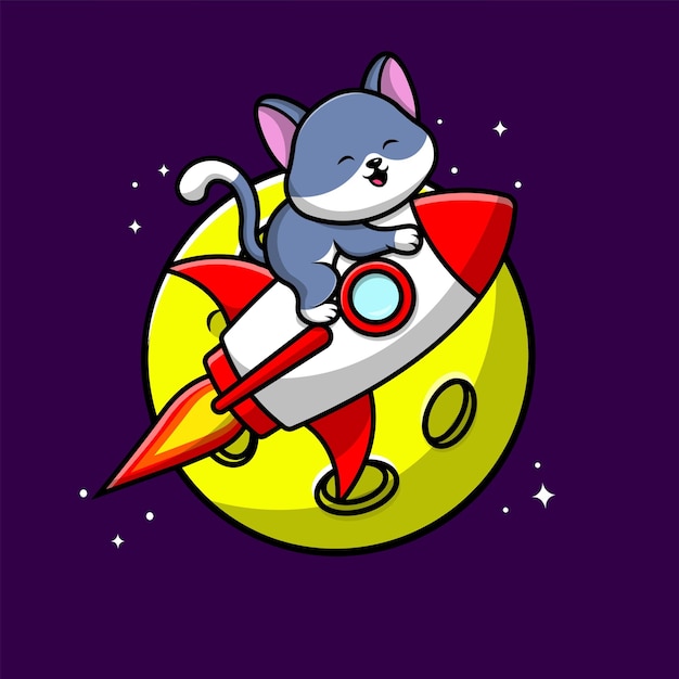 Lindo gato montando cohete en la luna Cartoon Vector icono ilustración