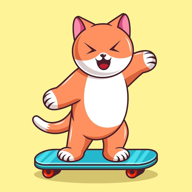 Lindo gato montando la ilustración de vector de dibujos animados de patineta