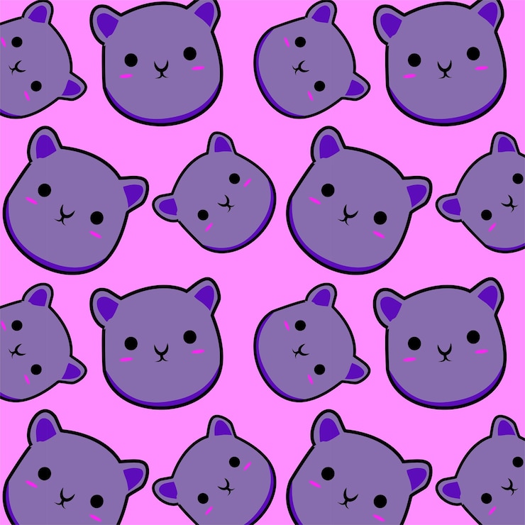 lindo gato morado kawaii de patrones sin fisuras en fondo rosa para juguetes y moda para niños