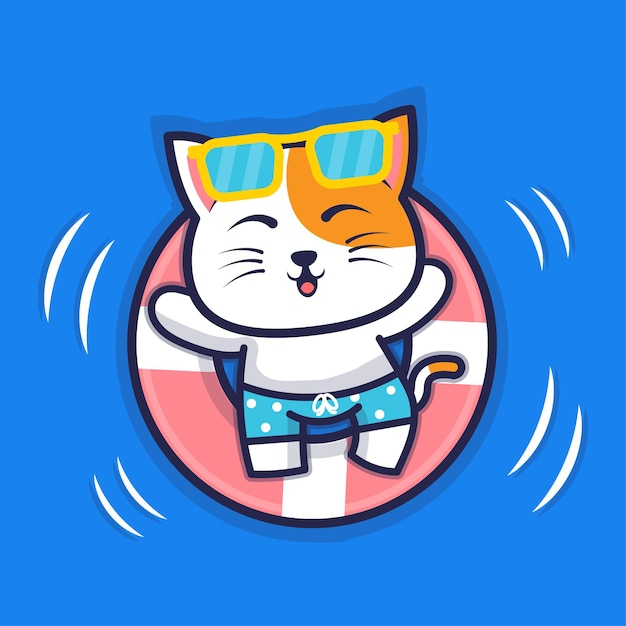 Lindo gato nadando con ilustración de anillo de natación