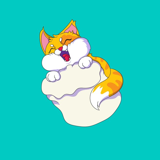 Un lindo gato naranja flotando en una nube de malvavisco con un fondo azul cielo perfecto para una pegatina