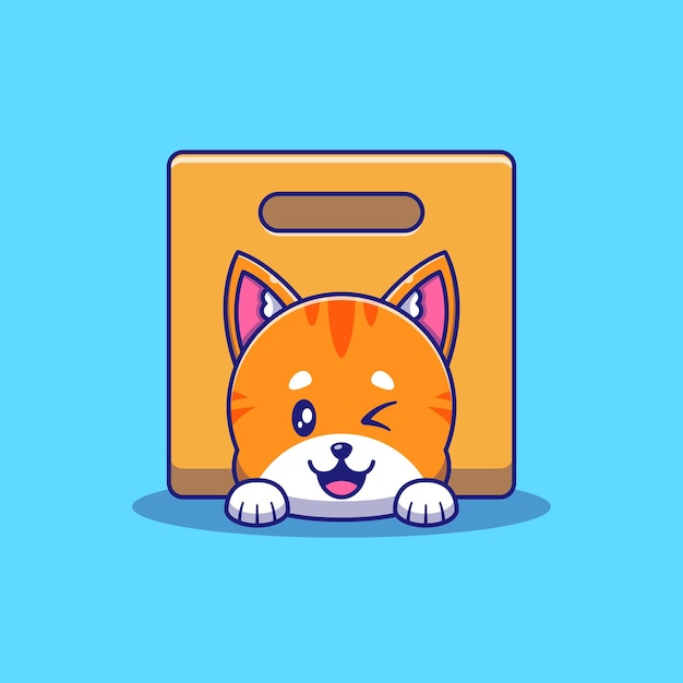 Lindo gato naranja guiñando un ojo debajo de la ilustración de la caja. gato mascota personajes de dibujos animados animales icono concepto aislado.