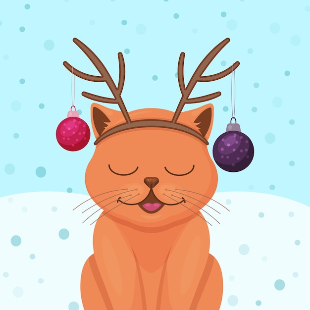 Lindo gato navideño con bolas navideñas y cuernos de venado Postal de invierno Ilustración vectorial Estilo de dibujos animados