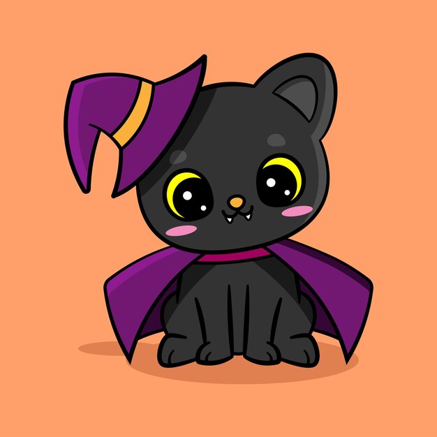 Lindo gato negro al estilo bruja. Vector de Víspera de Todos los Santos. Fiesta de disfraces de Halloween