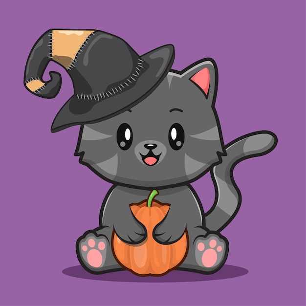 Vector lindo gato negro con calabaza y usar sombrero de bruja concepto de ilustración de dibujos animados de halloween