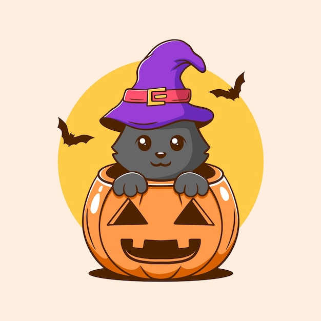 Vector lindo gato negro dentro de la ilustración de vector de calabaza de halloween