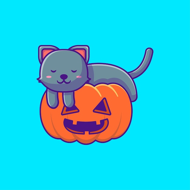 Lindo gato negro durmiendo en ilustraciones de dibujos animados de calabaza feliz halloween