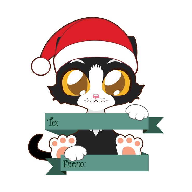 Vector lindo gato negro con etiqueta de regalo de santa sombrero
