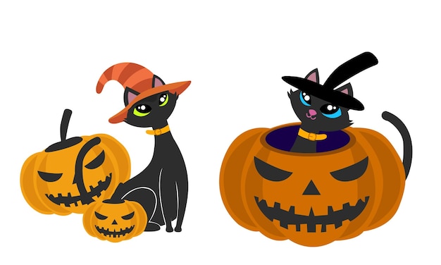 El lindo gato negro de Halloween en un disfraz de bruja encaramado en una ilustración de calabaza