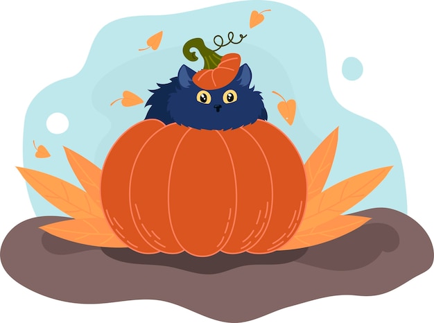 Lindo gato negro en una ilustración de vector de cartel de otoño de calabaza de Halloween