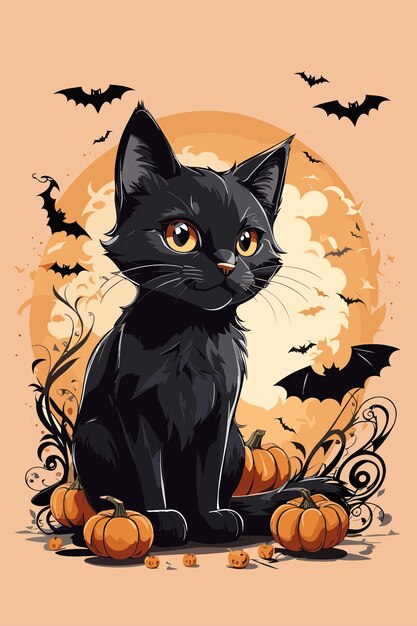 Vector lindo gato negro con inquietantes sonrisas. elementos esenciales de halloween. murciélagos volando alrededor.