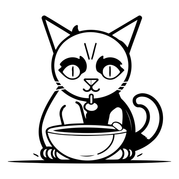 Vector un lindo gato negro sentado con un cuenco de comida ilustración vectorial