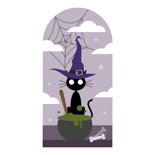 Vector lindo gato negro con sombrero de bruja está revolviendo poción mágica. perfecto para tu elemento de diseño de halloween.