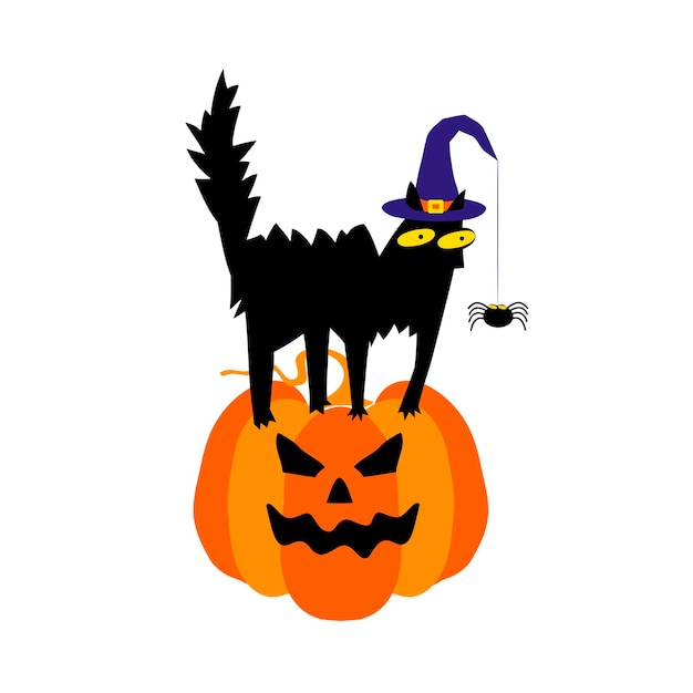 Lindo gato negro con un sombrero de bruja sentado en una calabaza de Halloween