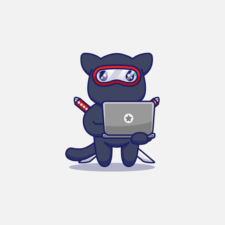 Vector lindo gato ninja con una computadora portátil