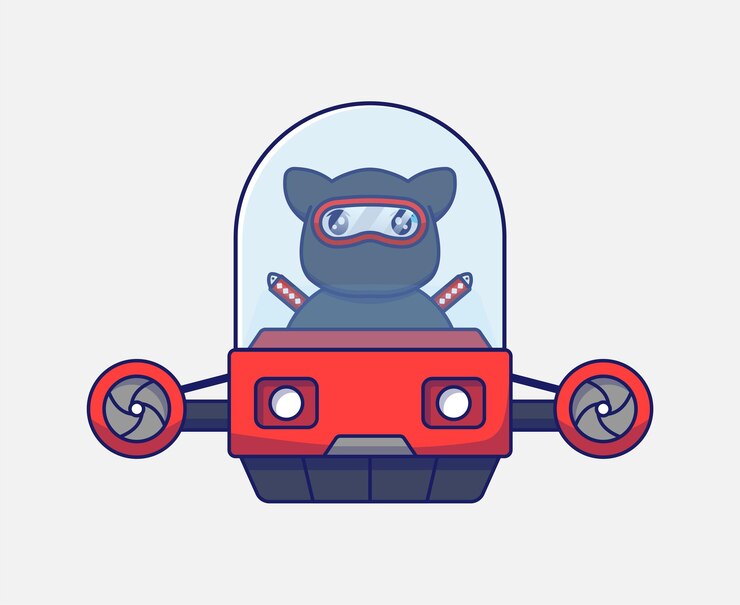 Vector lindo gato ninja conduciendo un vehículo volador