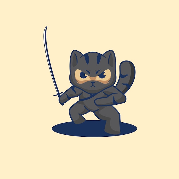 Lindo gato ninja con ilustración de vector de dibujos animados katana