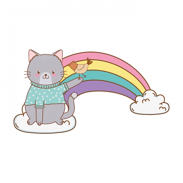 Lindo gato en nube con carácter de bosque de arco iris