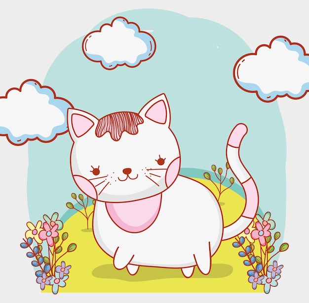 Lindo gato con nubes y flores plantas