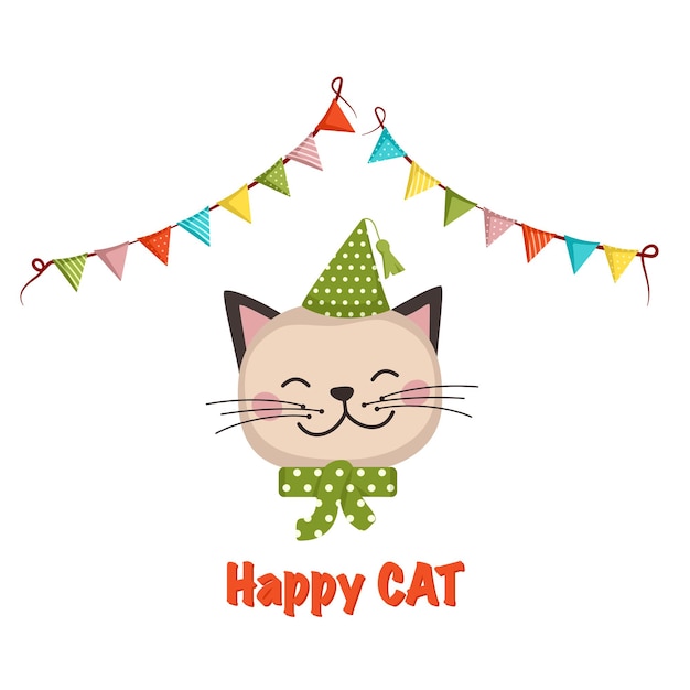 Vector lindo gato o gatito en estilo infantil con decoraciones festivas para vacaciones divertidas animales o mascotas con c ...