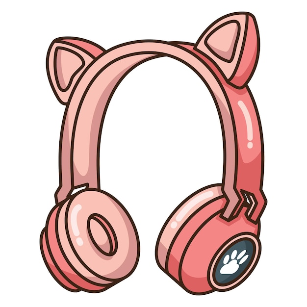 Lindo Gato Oreja Con Auriculares Auriculares Bluetooth Diseño Ilustración Vectorial