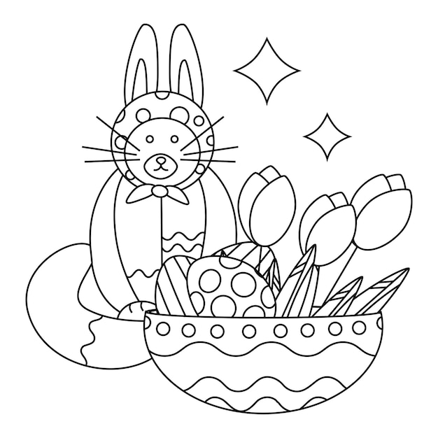 Lindo gato de Pascua con orejas de conejo y un plato con huevos de Pascua y tulipanes de flores Arte lineal