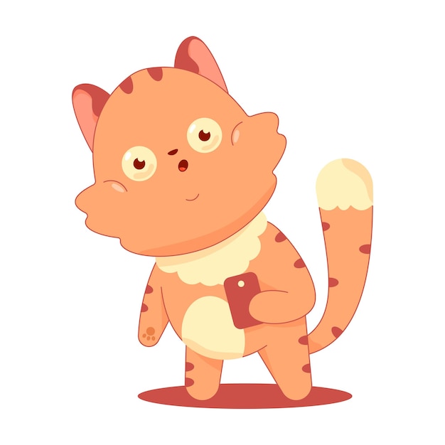 Lindo gato con personaje de dibujos animados de vector de teléfono móvil aislado en un fondo blanco