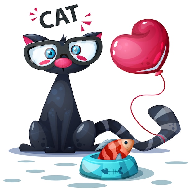 Vector lindo gato con pez y globo de aire