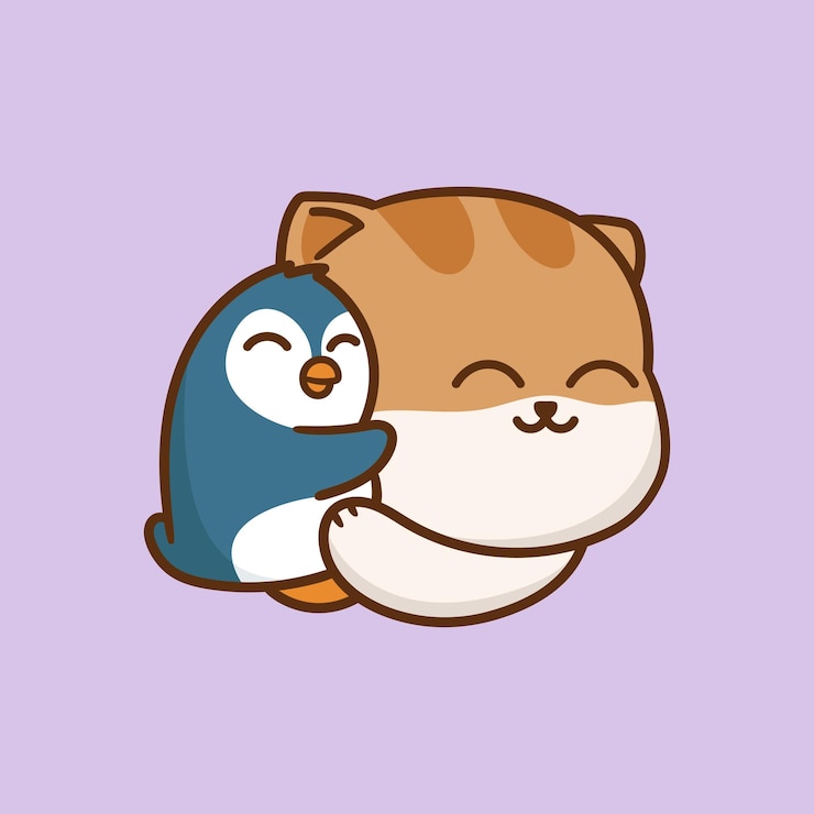 Vector lindo gato y pingüino de dibujos animados