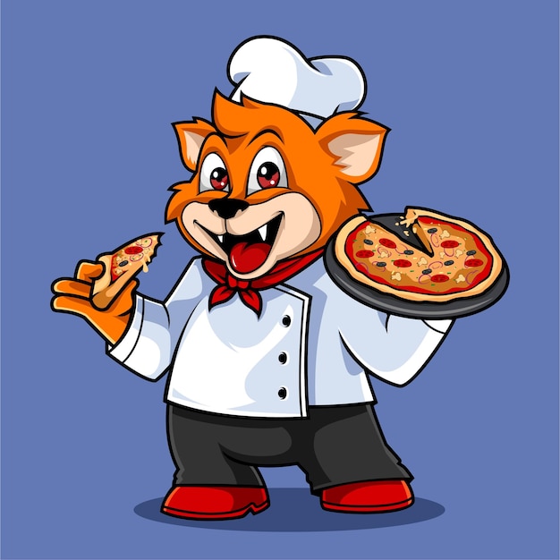 Lindo gato pizza chef vector mascota ilustración