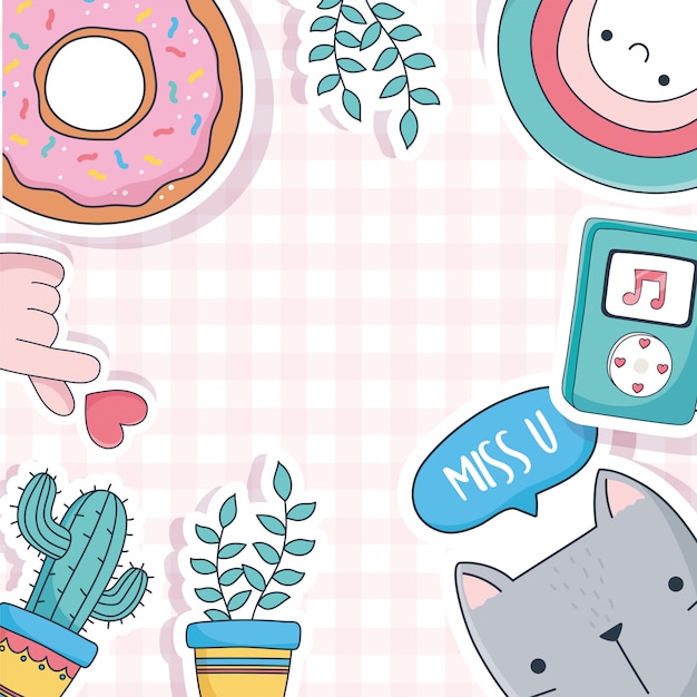 Vector lindo gato plantas en macetas cactus donut música cosas para tarjetas pegatinas o parches decoración dibujos animados