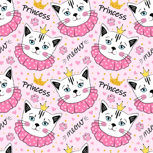 Lindo gato princesa patrón sin costuras textura vectorial para envolver regalos impresos en tarjetas de felicitación de tela