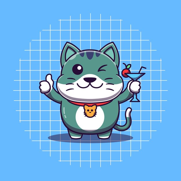 Lindo gato pulgar hacia arriba mientras sostiene la ilustración de vector de vidrio Estilo de dibujos animados plana
