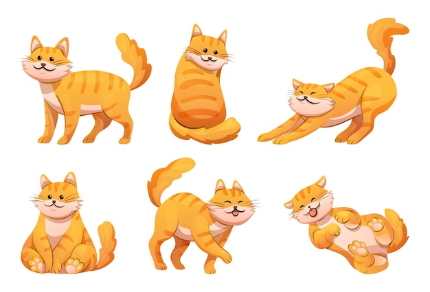 Lindo gato rayado naranja en varias poses ilustración de dibujos animados