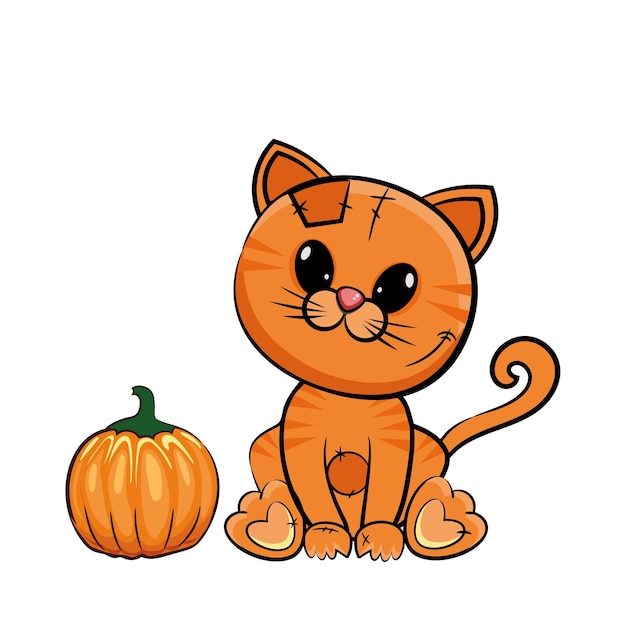 Lindo gato rayado rojo con una calabaza sobre un fondo blanco Ilustración vectorial de dibujos animados para Halloween