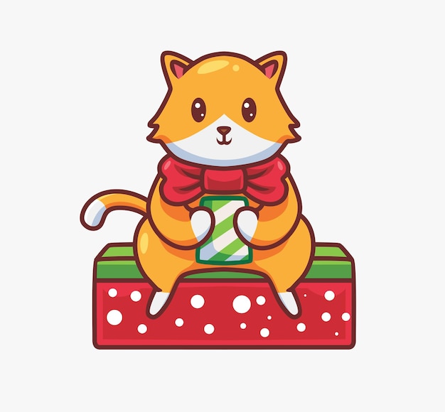 Vector lindo gato recibe un regalo. ilustración de navidad de animales de dibujos animados aislados. estilo plano