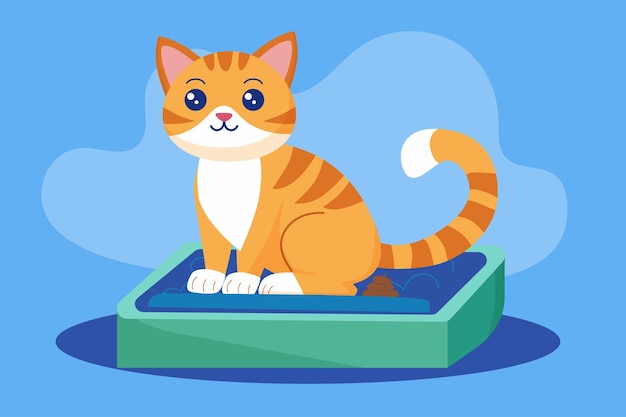 Un lindo gato rojo va a la caja de arena concepto de relleno de animales