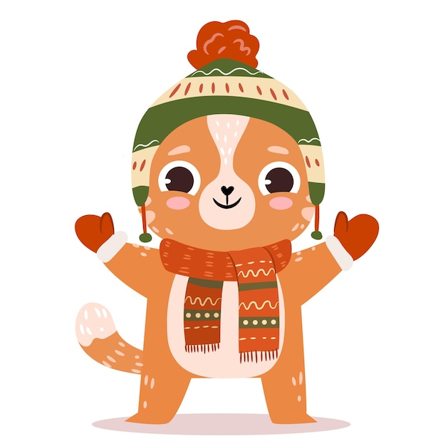 Lindo gato en ropa de invierno Personaje de vector de invierno de dibujos animados sobre fondo blanco