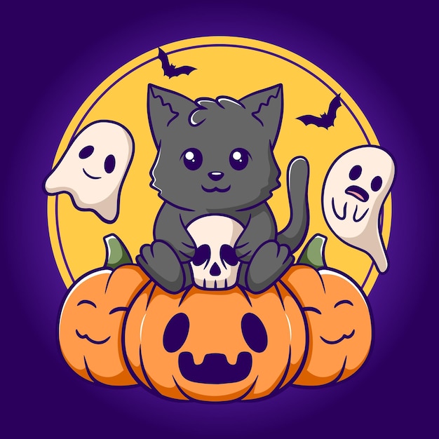 Lindo gato sentado en calabaza ilustración de dibujos animados de halloween