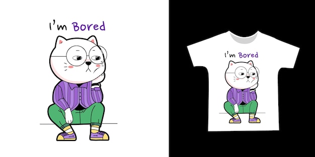 lindo gato sentado y caricatura aburrida para el diseño de la camiseta