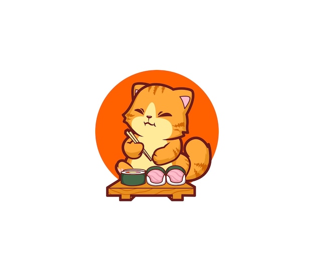 Vector un lindo gato sentado comiendo sushi mascota