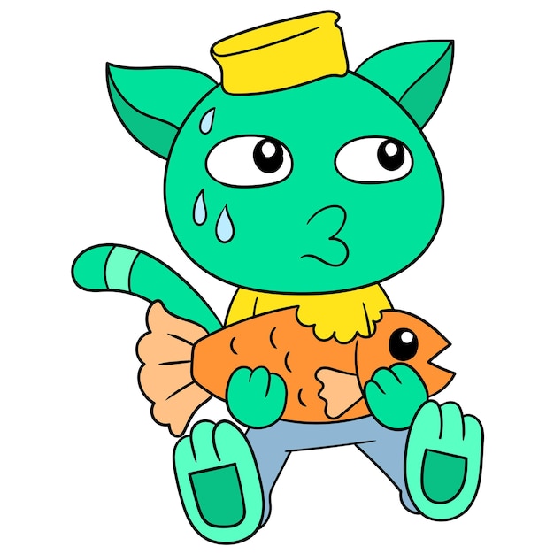 Lindo gato sentado es robar robar comer peces de colores, arte de ilustración vectorial. imagen de icono de doodle kawaii.
